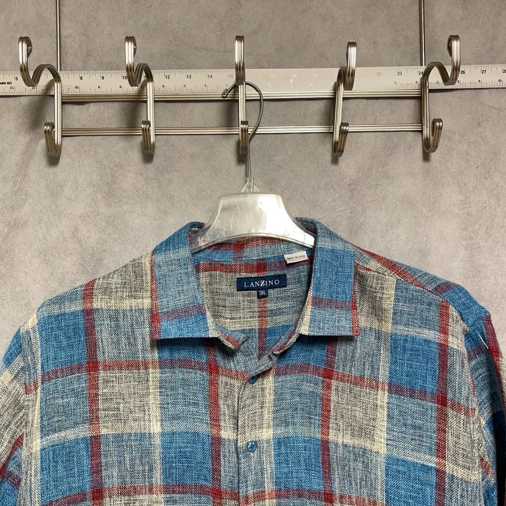 Lanzino Shirt Men 3XL Blue Plaid Linen Cotton Hopsack Button Up Casual Academia
